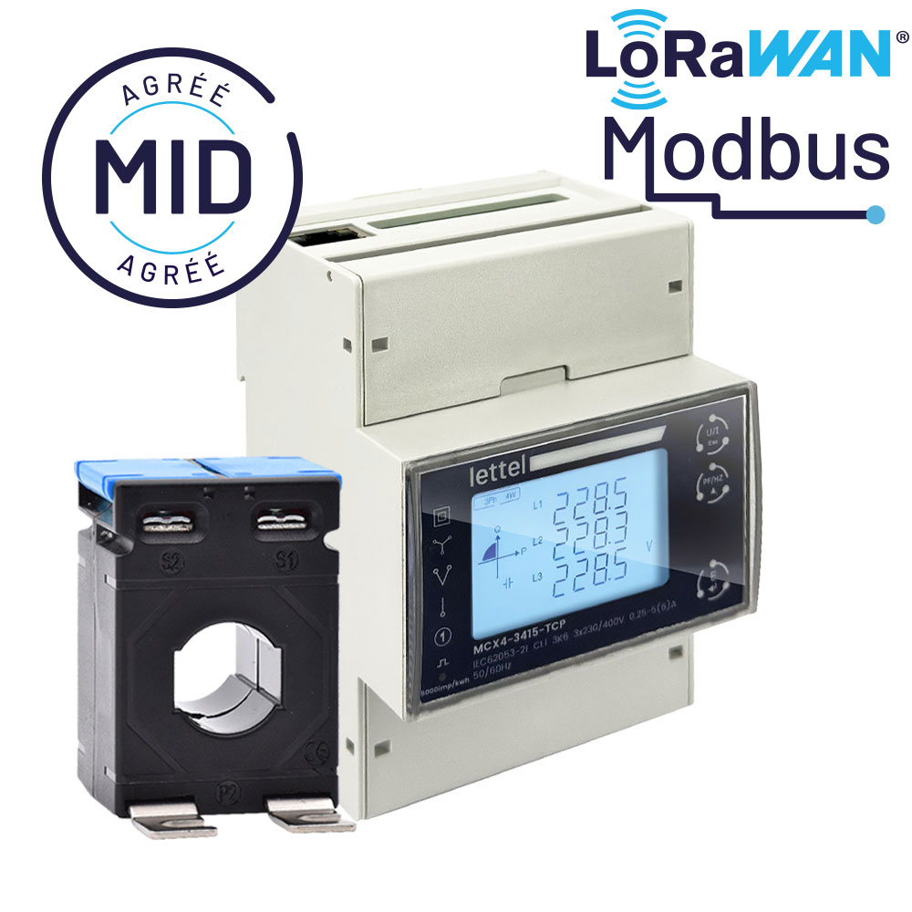 Compteur d’énergie tri/tétra LoRaWAN Modbus MID avec TC