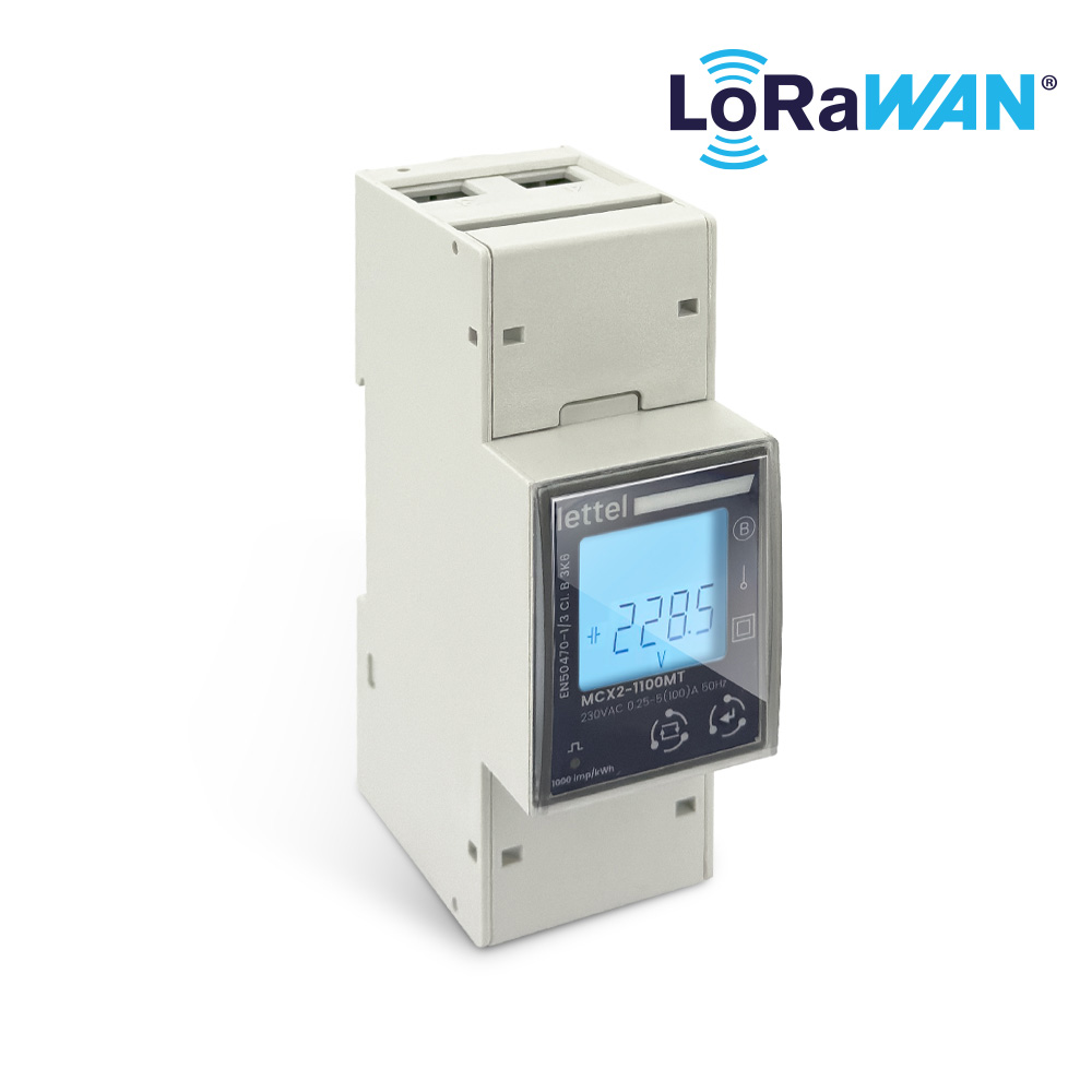 Compteur d'énergie monophasé 80A LoRaWAN MCX2-14X sur rail DIN avec mesure multi-énergies et relais de coupure en option.